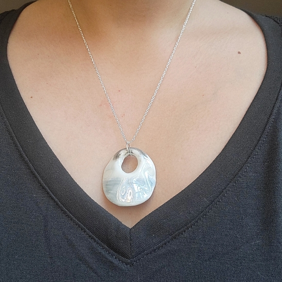 Vintage Blue Ceramic Geometric Modern Round Pendant Necklace - Picture 7 of 8